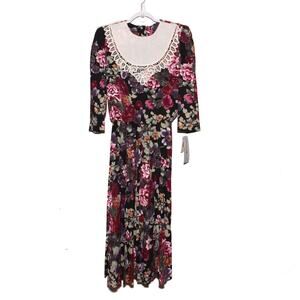 Vintage NEW Lisa II 80s Lace Collar Floral Dress Size 10 Puff Sleeve